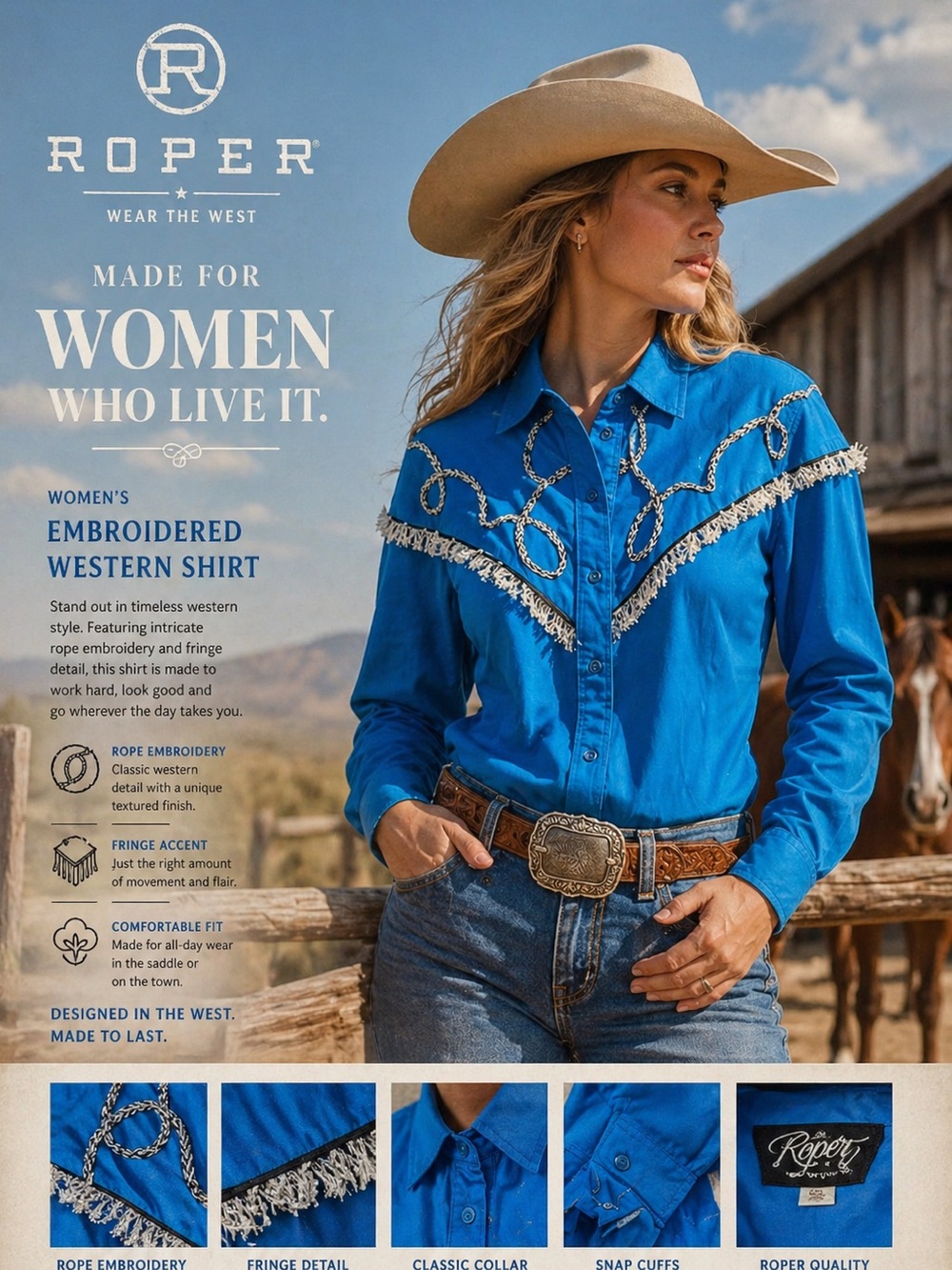 Roper Turquoise Western Button-Up Shirt with Decorative Stitching size med USA‎